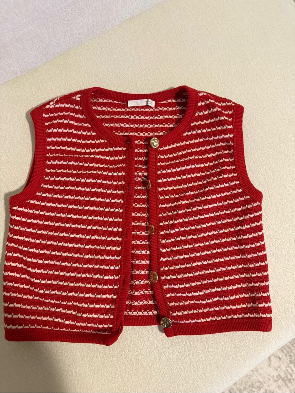 Zara Women’s Red & White Striped Knit Vest with Gold Buttons